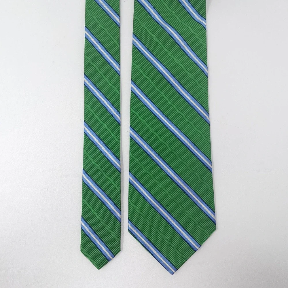 Brooks Brothers Makers Tie Green Blue Stripe Silk Cotton Woven England Made USA